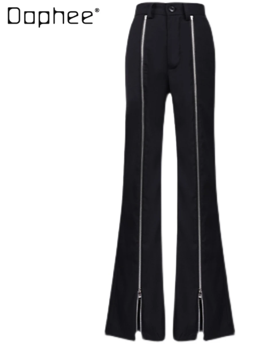 

Woman Black Bottoms Pants Double Zipper Flare Trousers 2023 Autumn Casual Female High Waist Slimming Side Slit Bell Bottom Pant