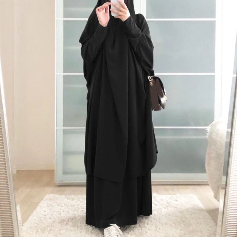 

H9ED Womens 2 Pieces Muslim Prayer Dress Long Sleeve Hijab Scarf Khimar and Skirt Set Islamic Abaya Full Length Suit Ramadan Eid