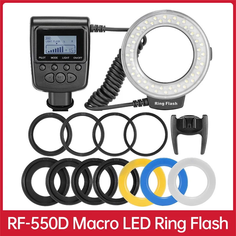 

RF-550D 48pcs Macro LED Ring Flash Bundle with 8 Adapter Ring for Canon Nikon Pentax Olympus Panasonic DSLR Camera Flash V HD130