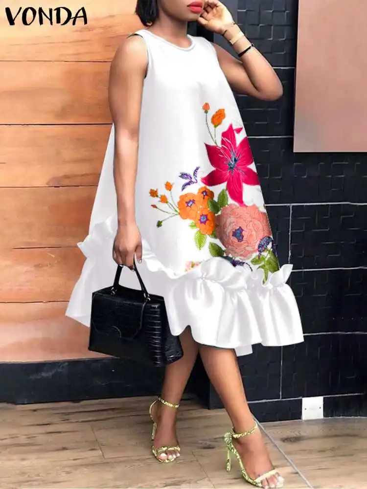 

VONDA Oversized 2022 Bohemian Vestidos Fashion Retro Floral Print Ruffled Robe Summer Sleeveless Party Sundress Women Midi Dress