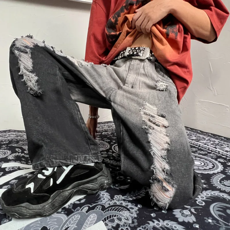 Brown/Black Hole Baggy Jeans Men Fashion Casual Ripped Wide Leg Jeans Mens Streetwear Hip Hop Loose Straight Denim Trousers Men
