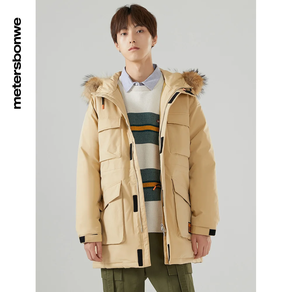 Metersbonwe Men's Winter Cargo Down Jacket Warm 80% Gray Hooded Duck Down Raccoon Hair Man Hat Brim Down Coat