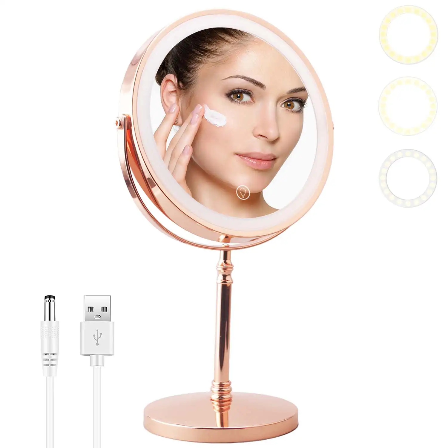 

8 Inch rechargeable Lighted Makeup Mirror with Magnification, Double Sided Vanity Mirror with 3 Color Soft LED Lights, 10x Magni
