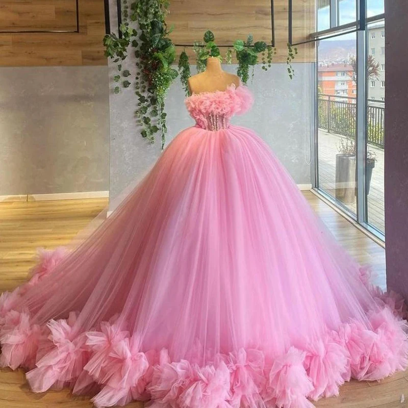 

Розовые пышные платья принцессы, бальное платье, без бретелек, с жемчужинами, с оборками, индивидуальный пошив, официальная одежда для вечер...