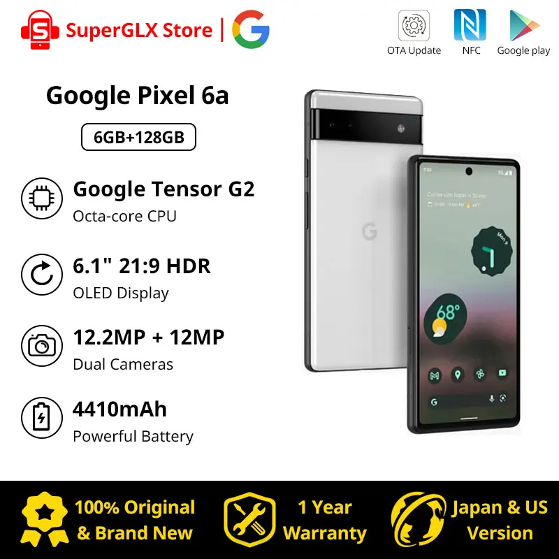 Original Google Pixel 6A 5G Smartphone 6GB RAM 128GB ROM 6.1" NFC Octa Core Android 12 IP67 dust/water resistant MobilePhone