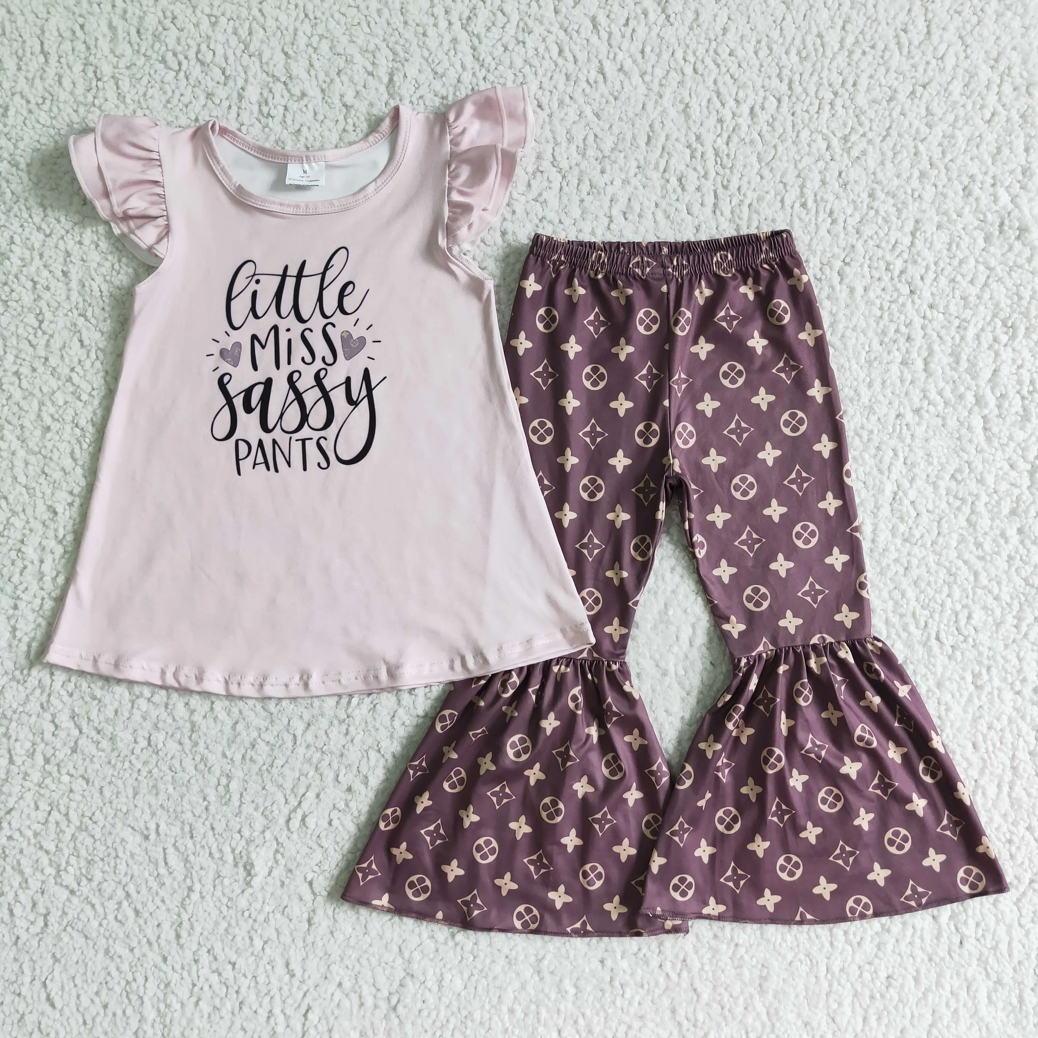 

"little miss sassy pants" pink flutter sleeve top and brown bell bottom pant toddler girl summer clothes baby girl clothing set