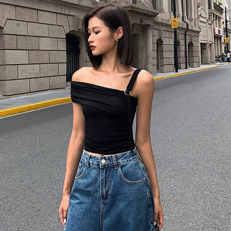 

Streetwear 2023 Women Backless Design T-shirt Sexy Crop Top Clothes Summer Oblique Shoulder Tank Top Y2k Clothing Corset Top