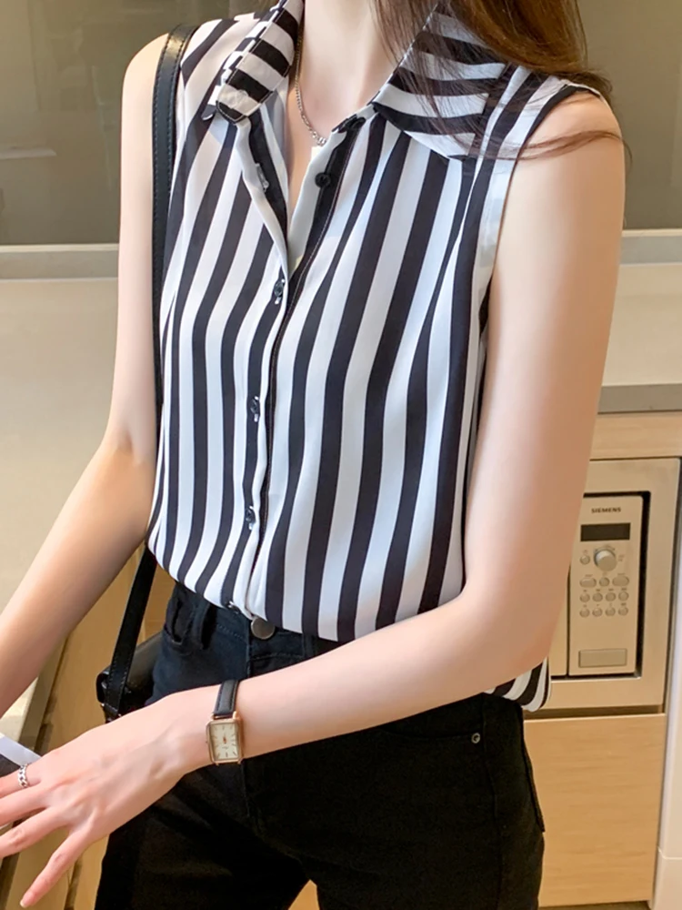 

2022 Summer Sleeveless Blouse Women Casual Striped Shirts Blouses Female Blusas Casual Ladies Office OL Blouses Basice Tops
