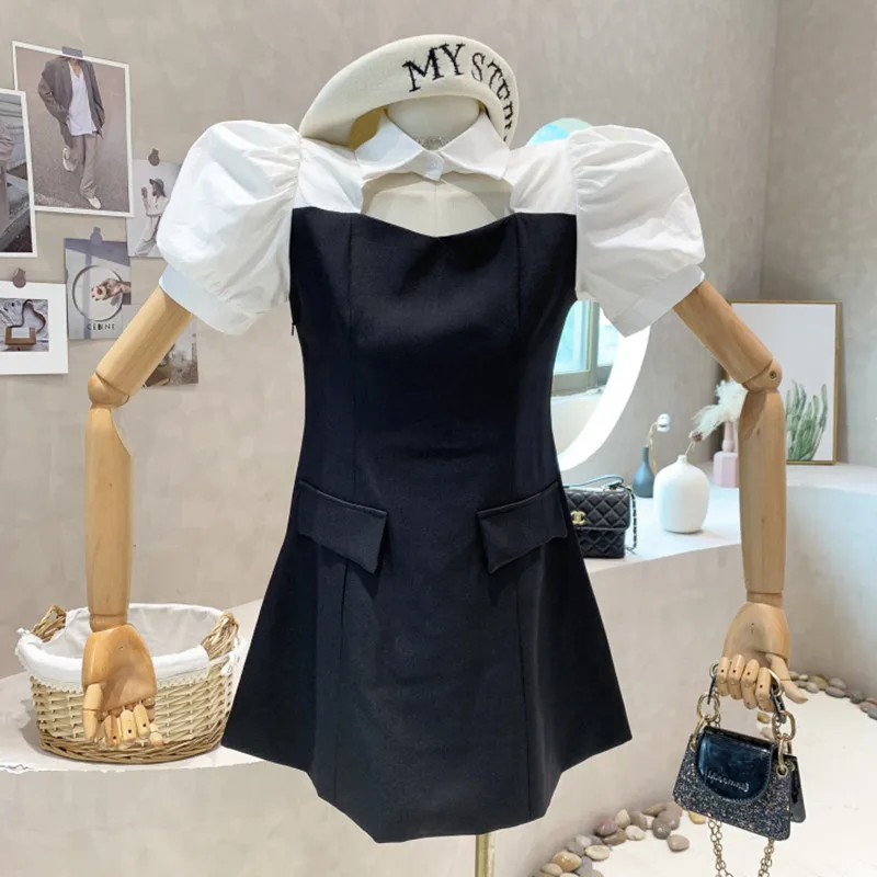 

Niche Design New Women's Clothing 2022 Summer Design Stitching Puff Sleeves Thin Hollowed Out Short Dress Vestido Elegante