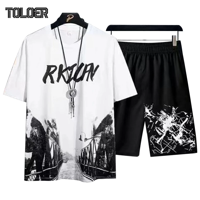 

Summer Men Sets Short Sleeve T-shirt Suit Print Color Mens Tracksuit Casual Oversized Tops + Shorts Breathable Sportswear Set