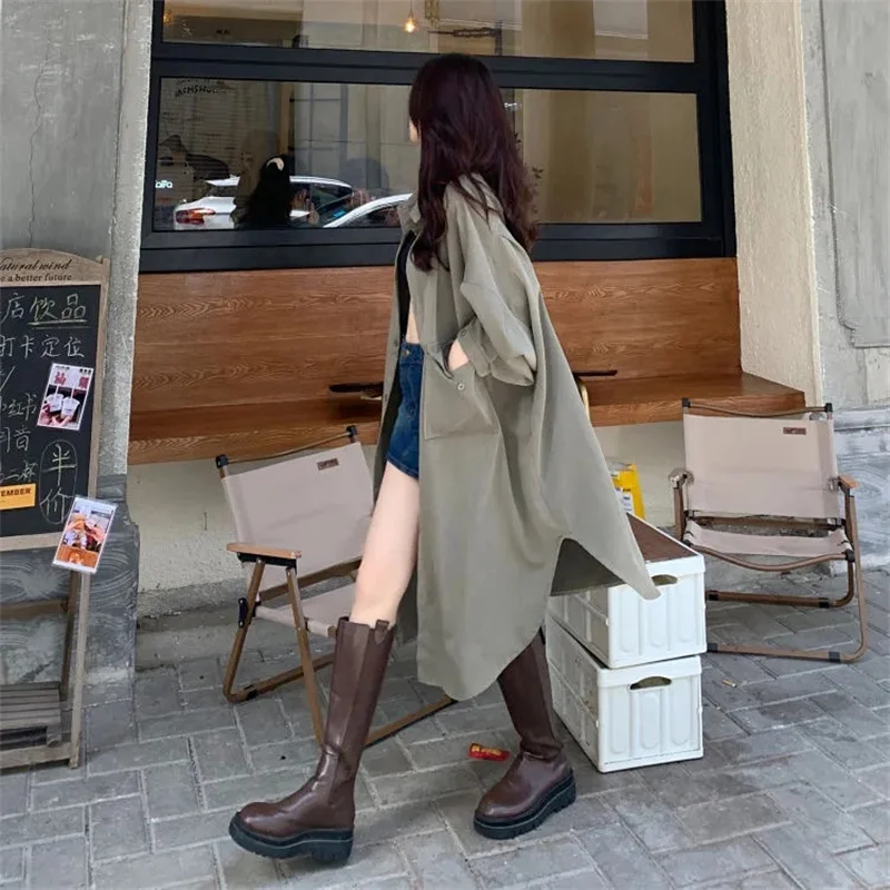 Женский свободный тренчкот средней длины Однотонная рубашка с рукавом летучая