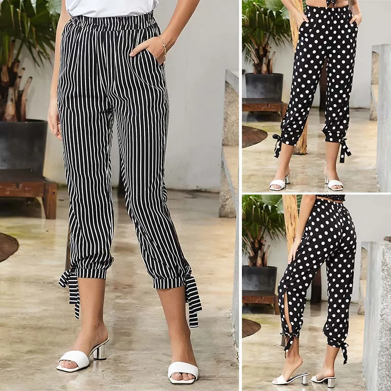 

Women Harem Pants Bowtie Printing Trousers Ladies Casual Middle Waist Cropped Pants