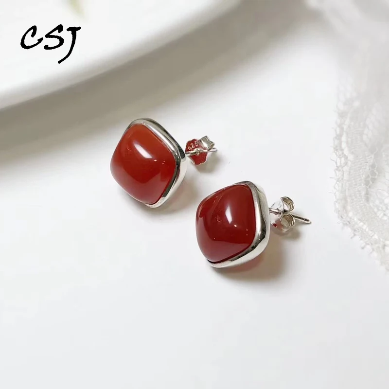 

CSJ красивые серьги-гвоздики из натурального красного агата, серебро 925 пробы, ювелирные изделия ручной работы для женщин, вечерние, подарок на день рождения