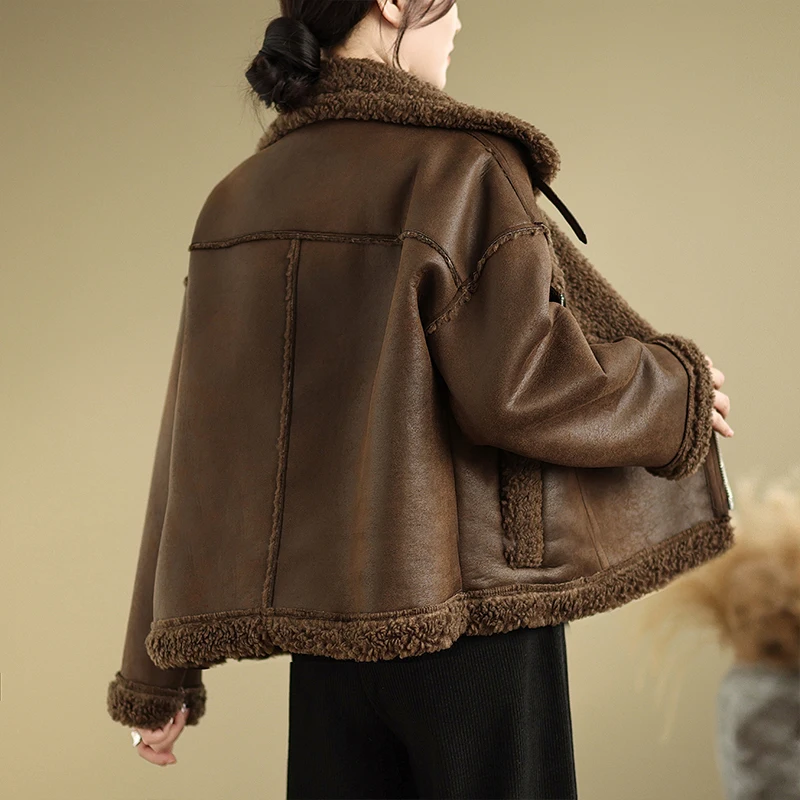 Leak-Picking ~ Design Sense Motorcycle Clothing Fur Integrated Short Berber Fleece Outerwear Women Winter Leather Coat Jacket...