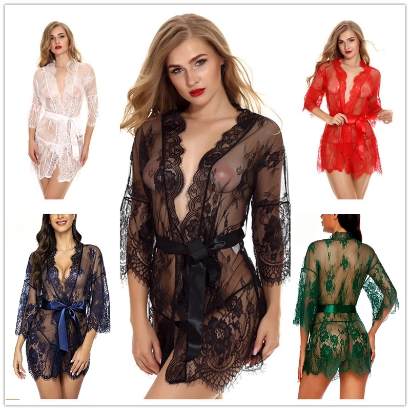 

Womens Lace Bathrobe See Through Lingerie Porno Sex Nightgowns Sleepwear Bridesmaid Robes Nightwear Nightie Female Nightdress