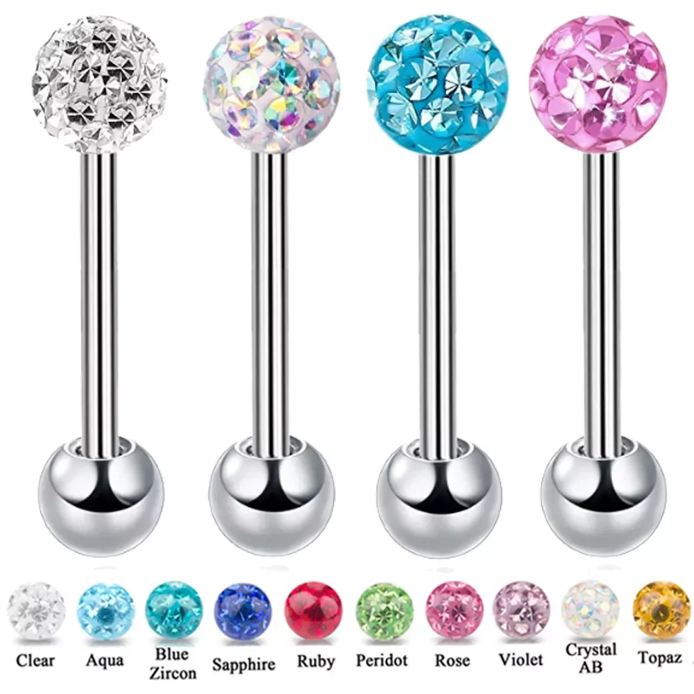 

Anti-Allergy Surgical Steel Tongue Rings Women Handmade Epoxy Coated Crystal Piercing Tongue Barbells Piercing Jewelry 14g