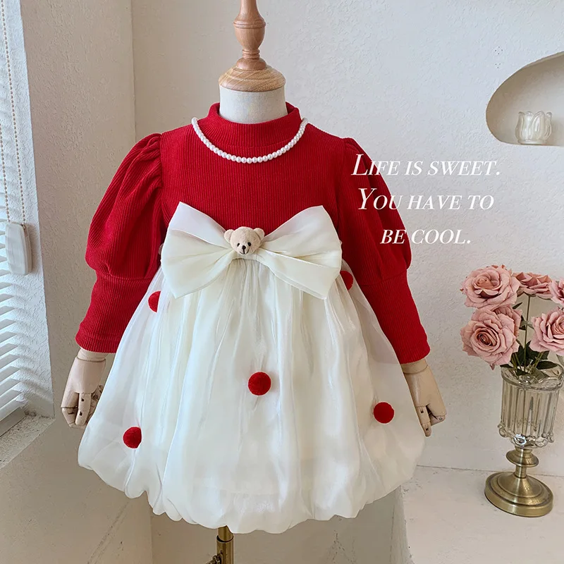 

Осеннее Повседневное платье принцессы для девочек 2023 зимнее праздничное платье для маленьких девочек с бархатным и плотным медведем детск...