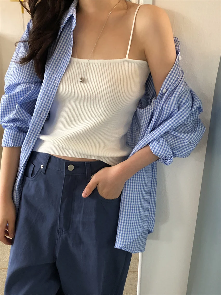 Рубашка женская Солнцезащитная в клетку с длинным рукавом стиле кэжуал