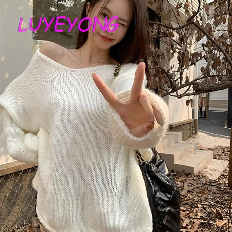

Корейский шикарный вязаный джемпер, Женские Повседневные свитера с длинным рукавом, Женский однотонный Свободный пуловер с V-образным выре...