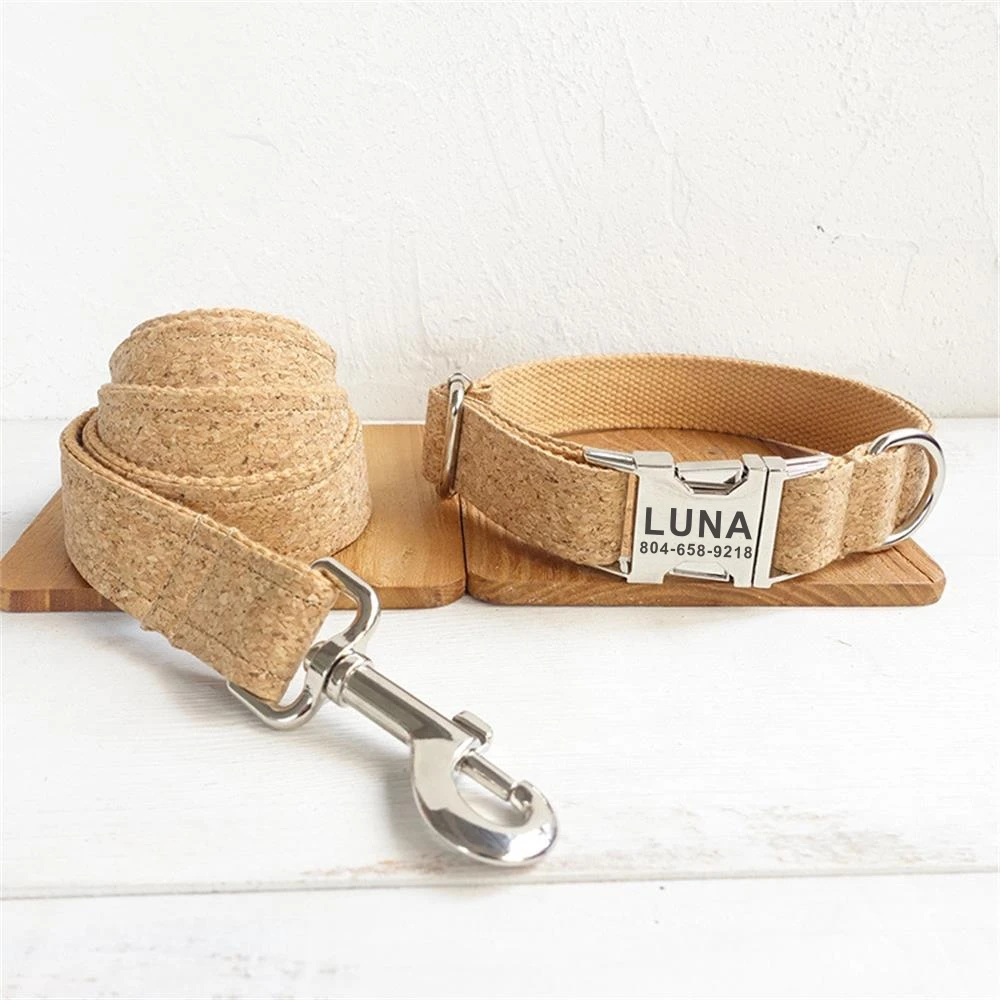 Personalized Dog Collar Customized Pet Collars ID Nameplate Tag Pet Accessory Gold Silver Buckle Wooden Puppy Collars Leash