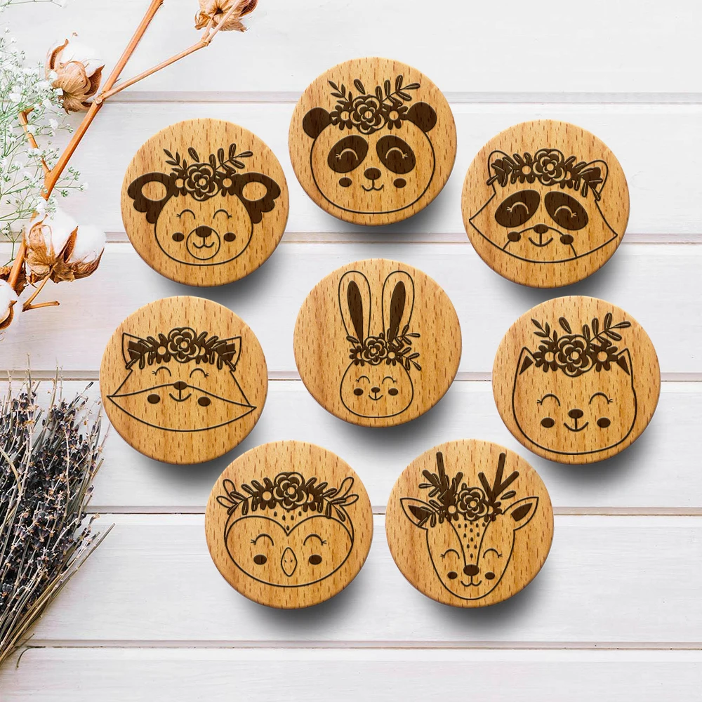 

New Engraved Cute Animal Wooden Drawer Knob Boho Nursery Cabinet Pulls Nature Wood Coat Hook Children's Room Furniture Handles