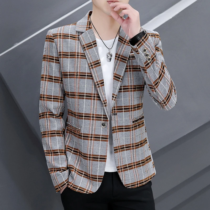 

Classic Plaid Blazers for Men 2022 Autumn Long Sleeve Casual Suit Jackets Streetwear Social Coats Wedding Groom Costume Homme