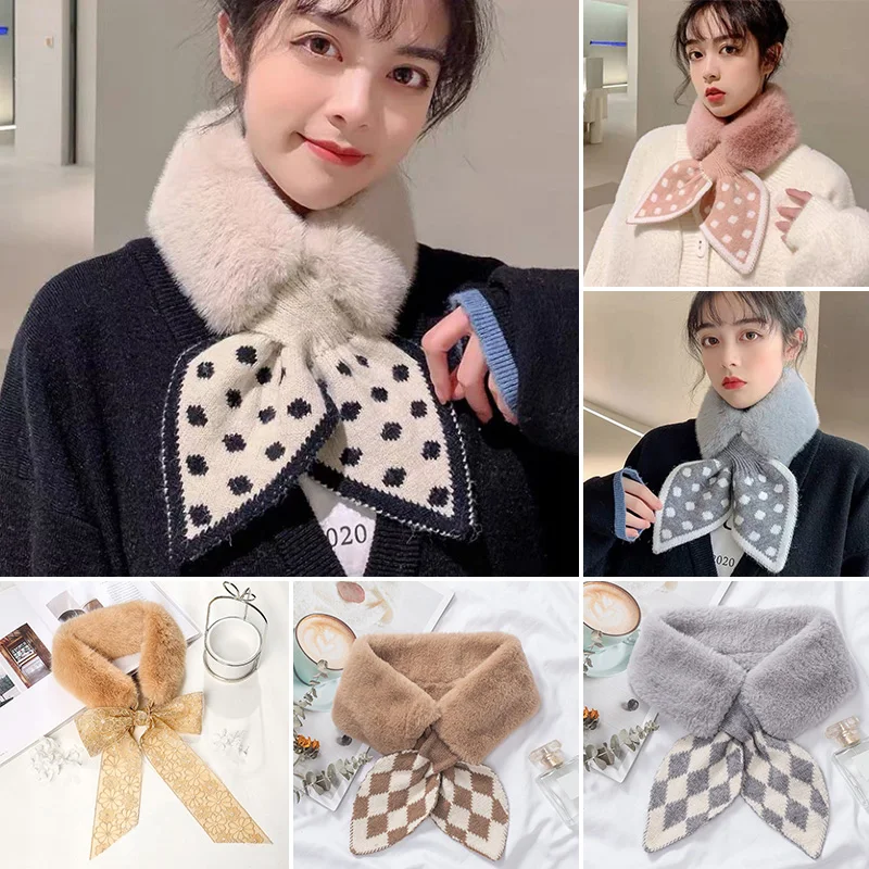 

Новый шарф из искусственного меха Женский мягкий шейный платок из искусственного кроличьего меха в горошек зимние теплые шарфы со шнуровко...