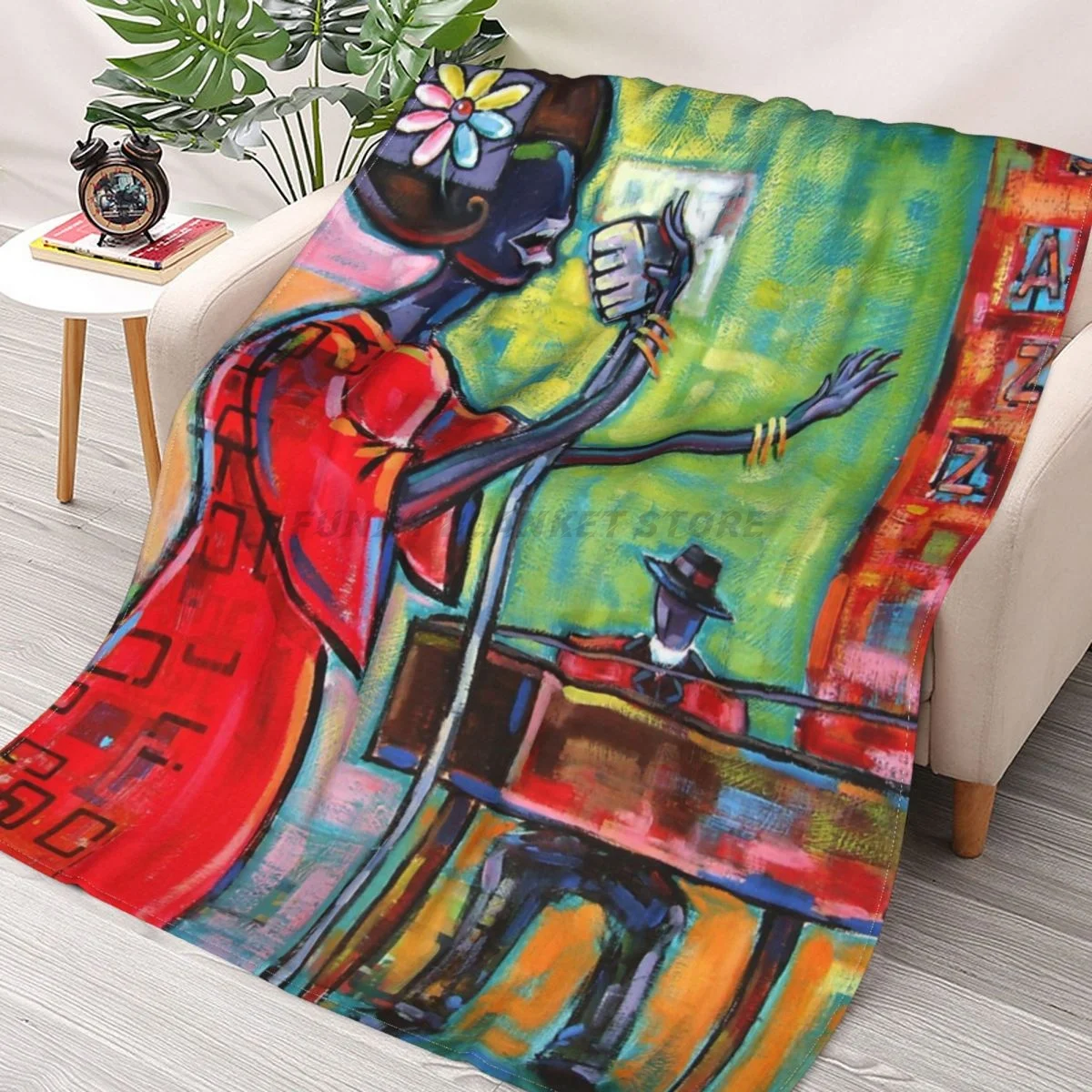 

Jazz Singer Throws Blankets Collage Flannel Ultra-Soft Warm picnic blanket bedspread on the bed
