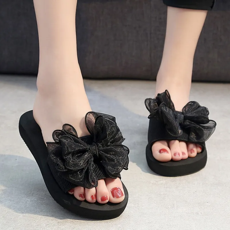 Summer Casual Platform Woman Bath Slippers Wedge Heels Beach Flip Flops High Heel Soft Slippers For Women Black Ladies Shoes