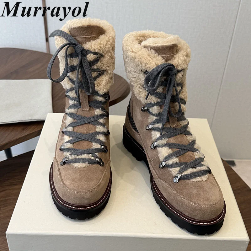 Женские зимние ботинки с меховой подкладкой, складным воротником, шнуровкой, плоской толстой нескользящей подошвой, теплые, с подкладкой из натуральной шерсти, короткие ботинки для улицы. (art.: 3920dce6313f4) - 3920dce6313f4