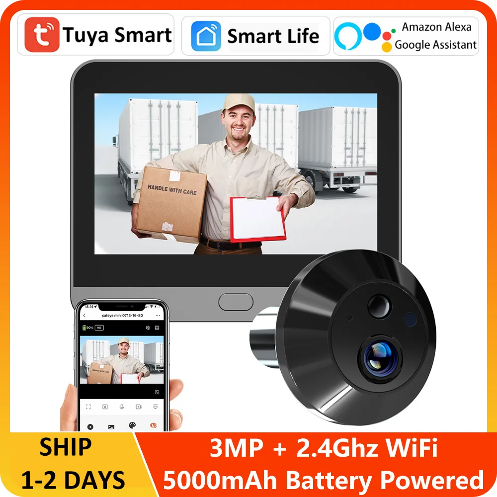 

3-мегапиксельное приложение Tuya Smart Life, 2,4 ГГц, Wi-Fi, цифровой дверной глазок Magic Eye, камера-глазок с питанием от батареи и монитором с экраном 4,3 дюйма