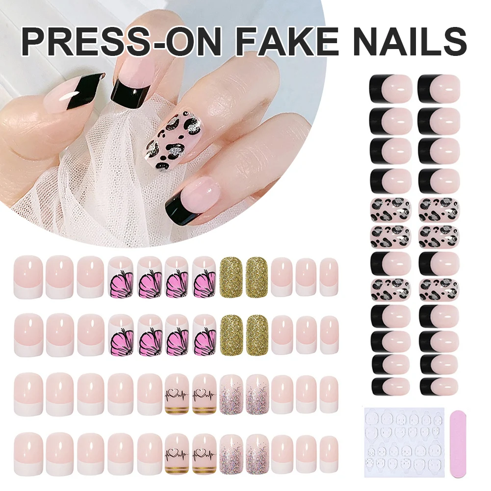 

24pcs/box Nail Art Fake Nail Tips Full Cover Press On Nails Short False Nails Set With Nail File Manicure Kit