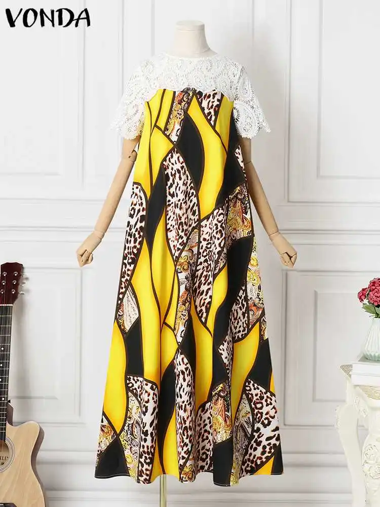 Plus Size Women Dress VONDA 2022 Fashion Vintage Lace Patchwork Evening Party Sundress  Bohemian Printed Vintage Vestido 5XL