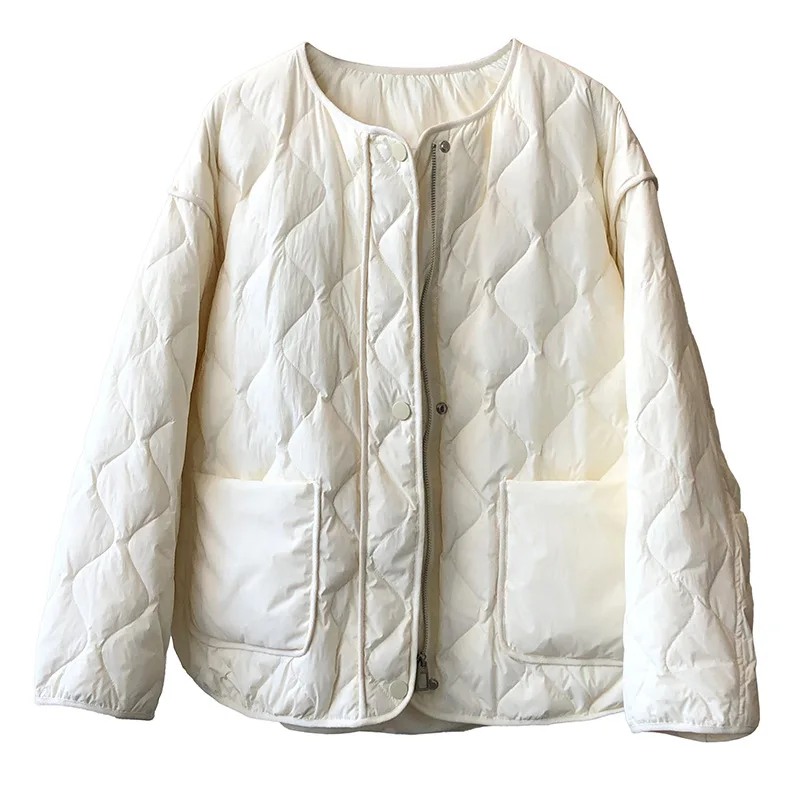 Women's Down Jacket White Duck Down Collarless Women's Winter New Light Thin Rhombus Loose with Zip Short Section Warm Jacket