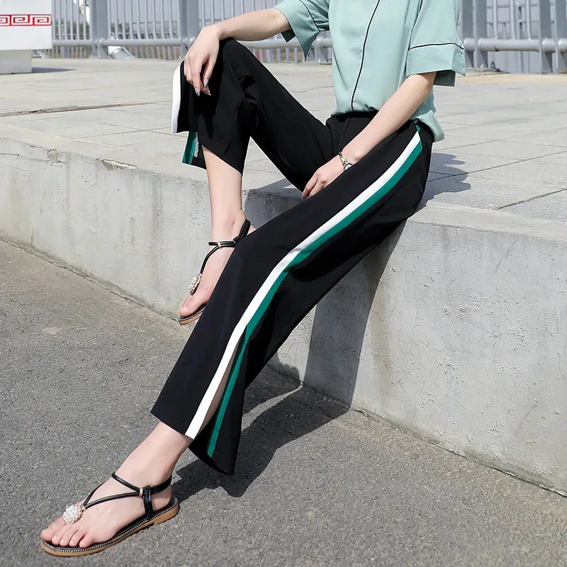 

Брюки женские до щиколотки с разрезом, уличная одежда с завышенной талией, повседневные мешковатые штаны в Корейском стиле, широкие брюки оверсайз