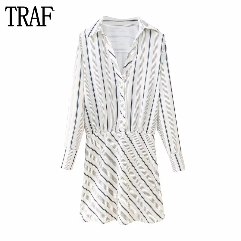 

TRAF Striped Mini Dress Women Pleated Shirt Dress Woman Button Office Short Dresses for Women Long Sleeve Collared Female Dress