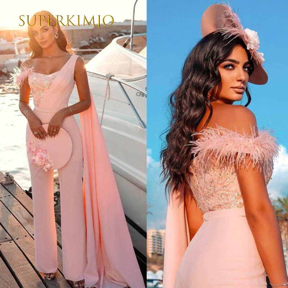 

SuperKimJo Pink Jumpsuit for Women Vestidos De Fiesta Para Bodas Feather Sparkly Sequined Pant Suit Bridal Outfit for Weddings