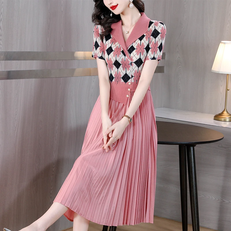 

Sanzhai Pleated Dress 2023 Summer Women's Elastic Slim Fit Large Slim Fake Two Piece Suit Collar Long Dress Knee Length Robe