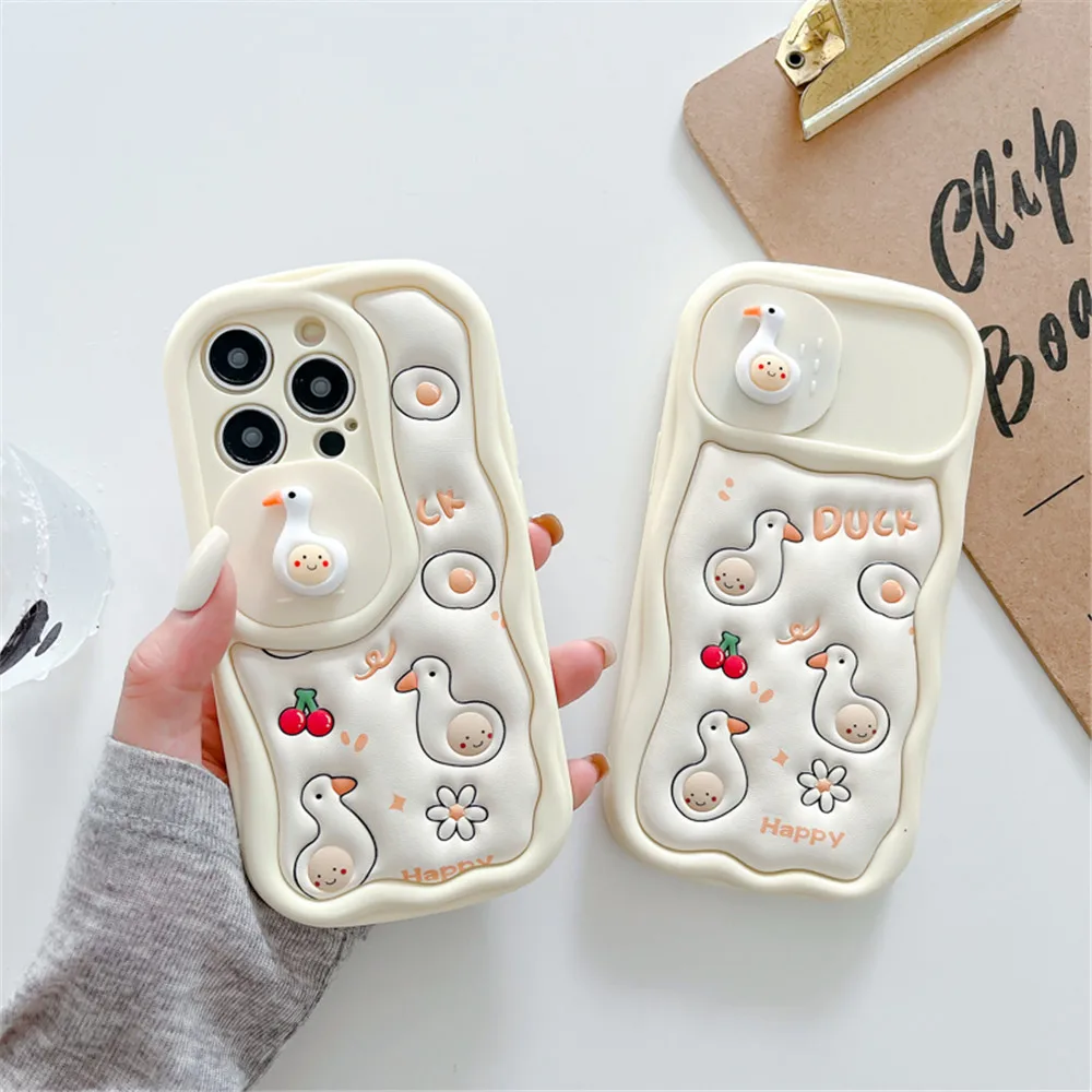 

Luxury Leather Phone Case For iPhone 15 14Pro 13 12 11Pro Max Camera Lens Push Window 3D Cartoon Duck Soft Silicone Fundas Cover