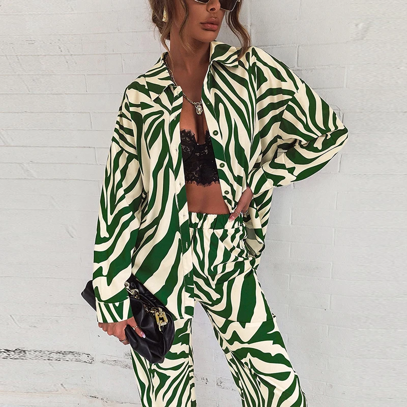 

Loose Stripe Women Shirt Pants Two Piece Set Elegant Sping Autumn Long Sleeve Top And Elastic High Waist Trousers Suit