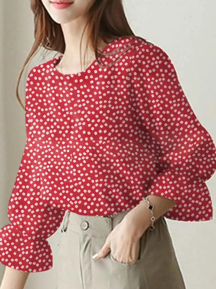 

Женские летние блузки ZANZEA 2022, стильные топы с цветочным принтом, повседневные блузки с рукавом 3/4, женские рубашки с оборками, большие размер...