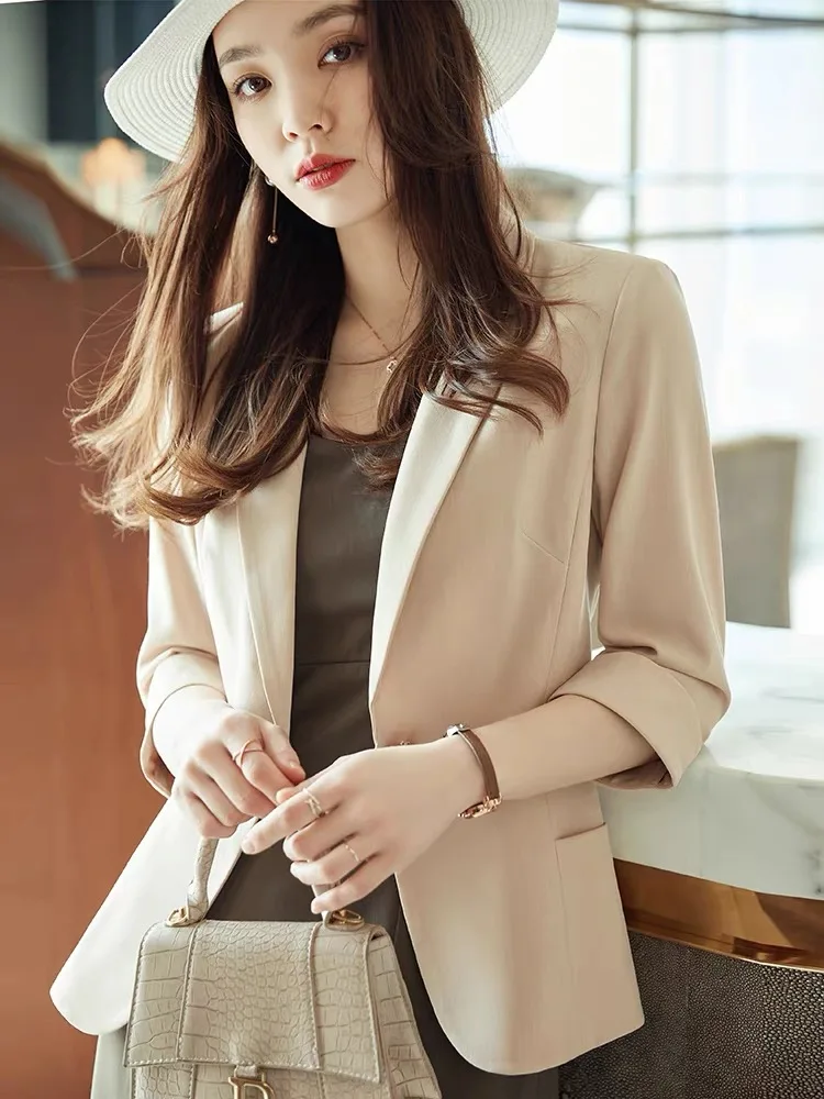 

Spring And Summer Blazer Feminino Three Quarter Sleeve Notched Pockets Office Lady Women Coat Black White Clothes