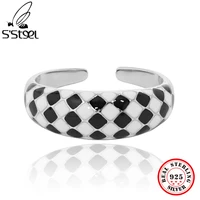 ssteel oval checkerboard 925 sterling silver dainty ring korea luxury jewelry for women black trendy adjustable funky rings