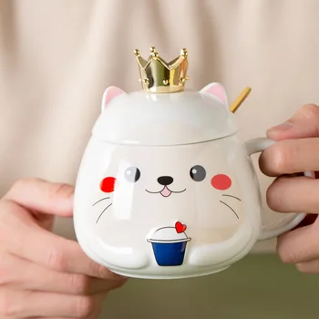 Cute Ceramic Coffee Mug with Lid and Spoon  Adorable Crown Cat Tea Cup for Women Ladies Coffee Mug Lover Gift Porcelain Tea Mug