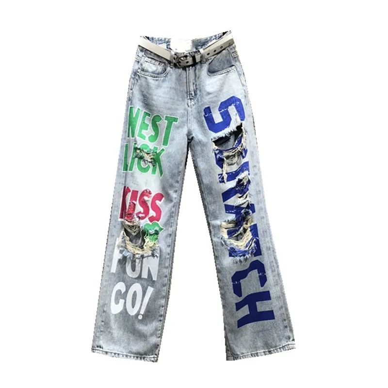 

Джинсы женские рваные с широкими штанинами, тонкие брюки в стиле хип-хоп, модные рваные прямые брюки с высокой талией и надписью, весна-лето