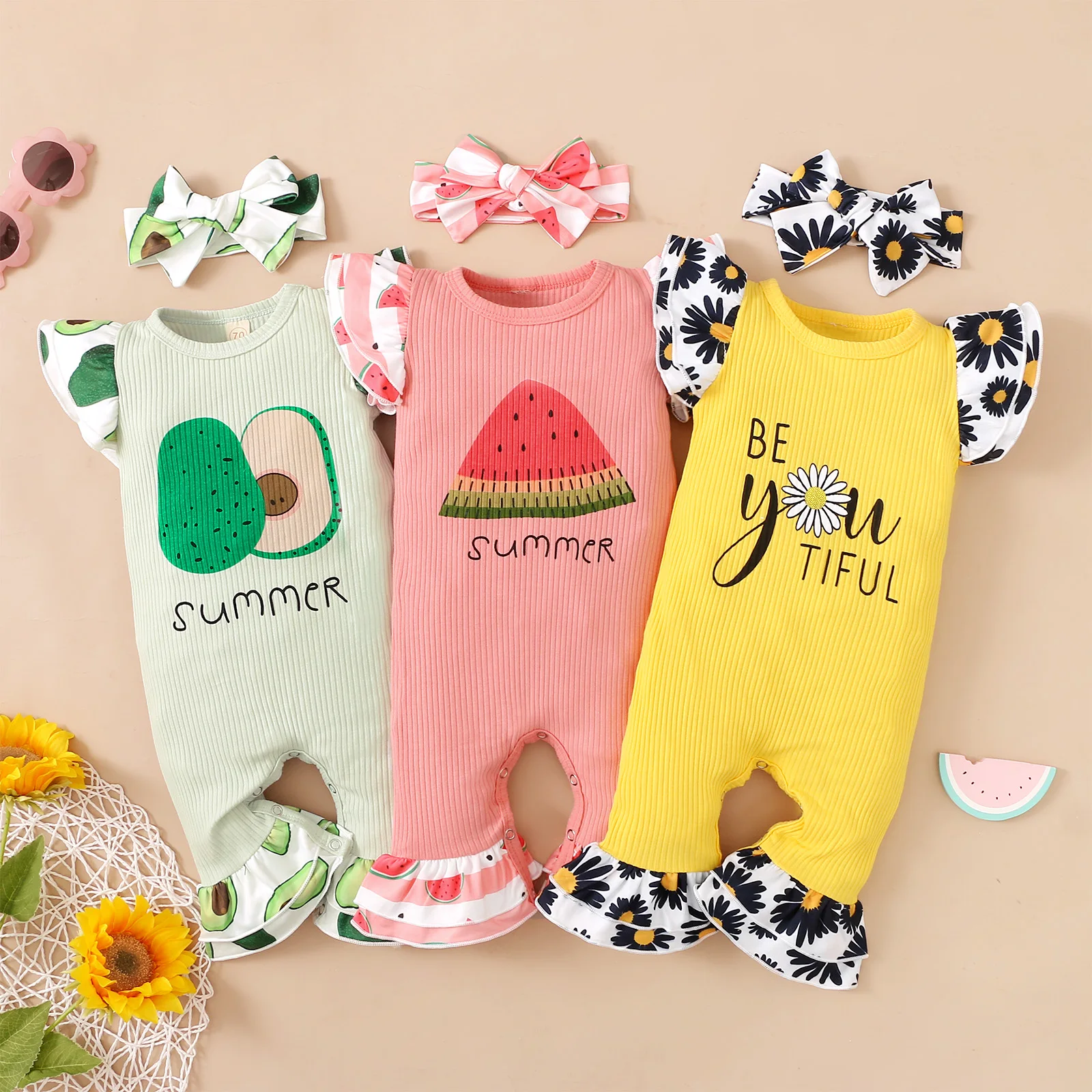 Lioraitiin 0-18M Infant Baby Girl Summer Jumpsuit Fly Sleeves Avocado/Watermelon/Daisy Print Flare Pants Romper Bow Headband