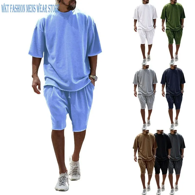 Men's Sets Summer Suit Solid Crew Neck T-shirt Short Sleeves Shorts Loose Leisure Daily Mens Pants Casual Men Clothing