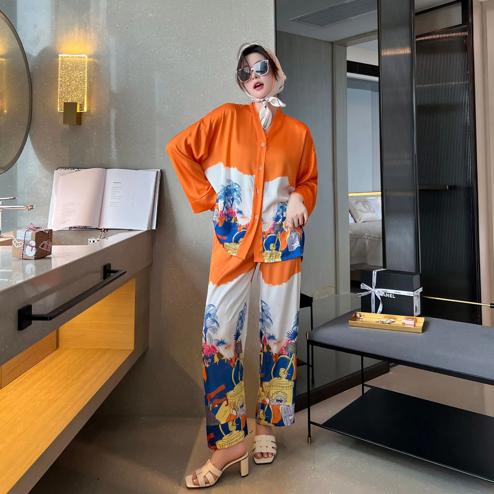 NEW Women's Pajamas Set Luxury Orange Coconut Print Sleepwear Silk Like Homewear V Neck Nightwear Leisure Loungewear