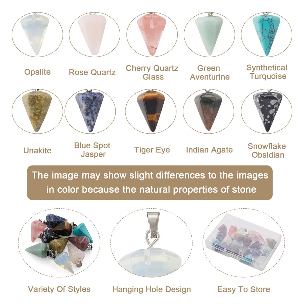 20pcs Cone Gemstone Pendant Natural&Synthetic Healing Stone Charms Spike Shape Small Dangle Necklace Earring Jewelry DIY Making