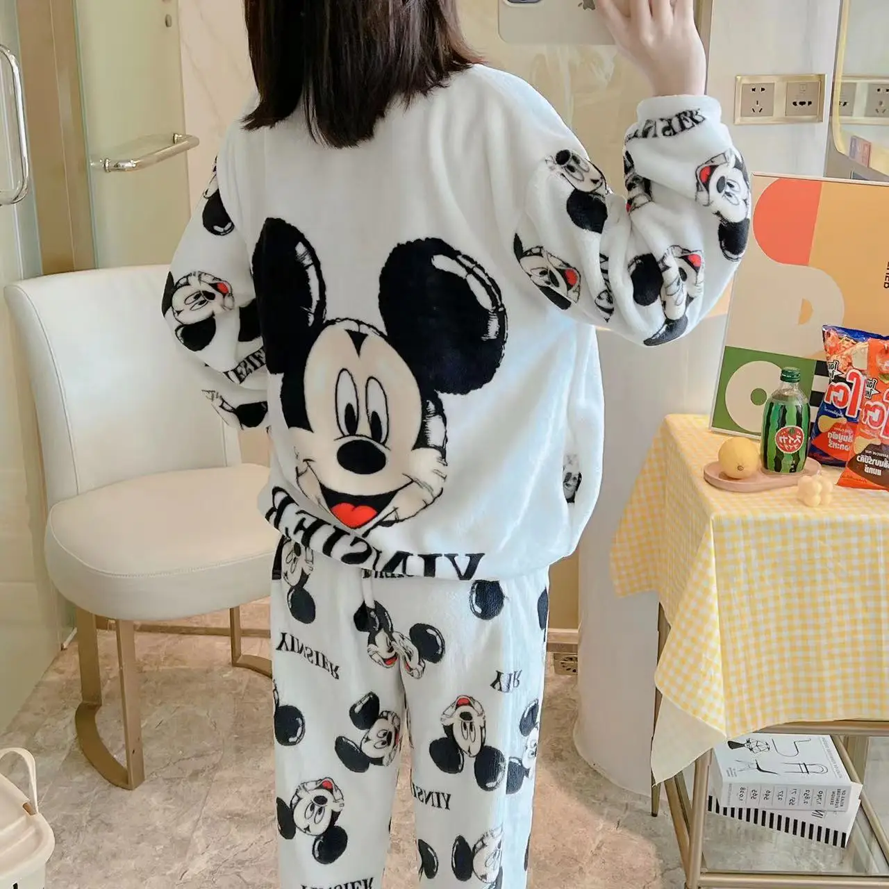 Disney Mickey Mouse Pajamas Set for Ladies Students Autumn Winter Warm Thicken Loose Sleepwear Set Coral Velvet Home Clothes
